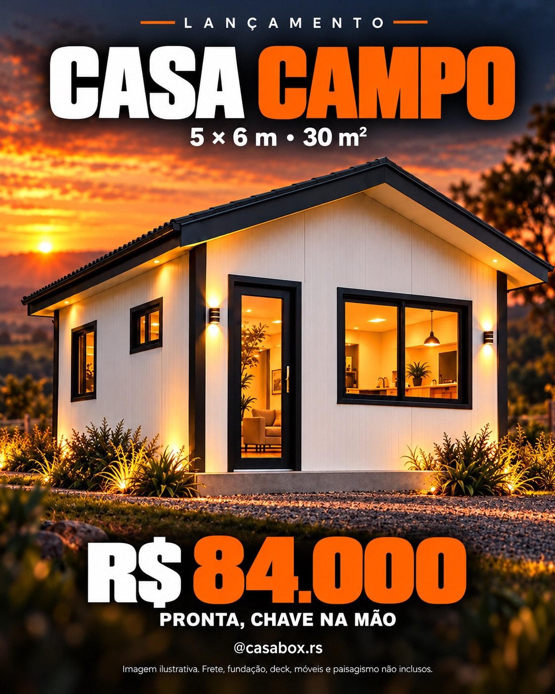 Arte oficial de lançamento da Casa Campo, com modelo de 30 m² por R$ 84 mil. Imagem ilustrativa fornecida pela Casa Box RS; não é fotografia de obra entregue.