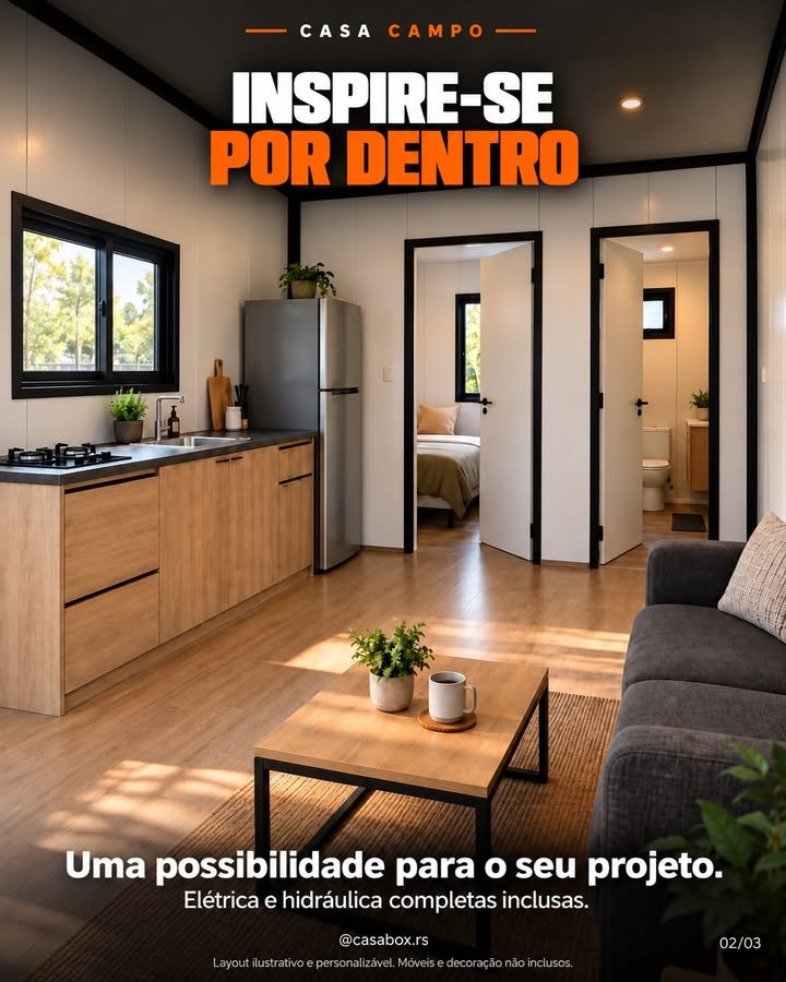 Possibilidade de interior apresentada pela marca. Imagem ilustrativa: layout personalizável; móveis e decoração não incluídos.