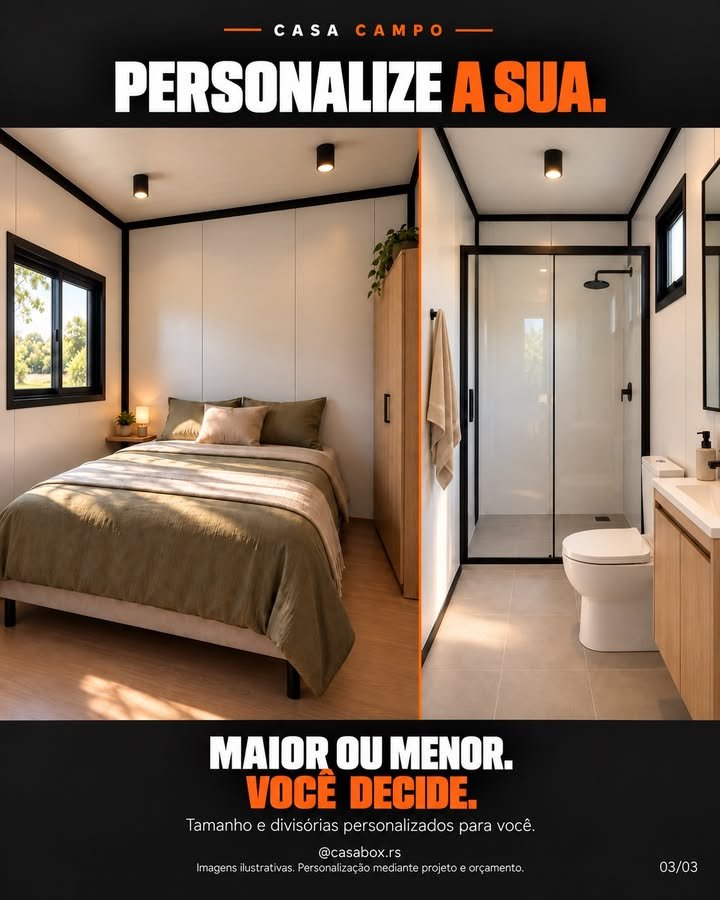 Ambientes de quarto e banheiro na apresentação oficial. Imagem ilustrativa; configuração e personalização confirmadas em projeto.