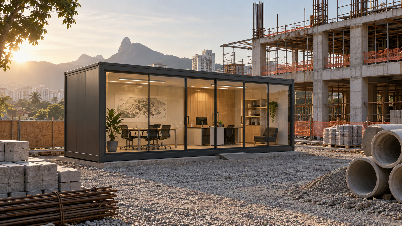 Visualização conceitual de escritório modular compacto com frente envidraçada junto a uma obra