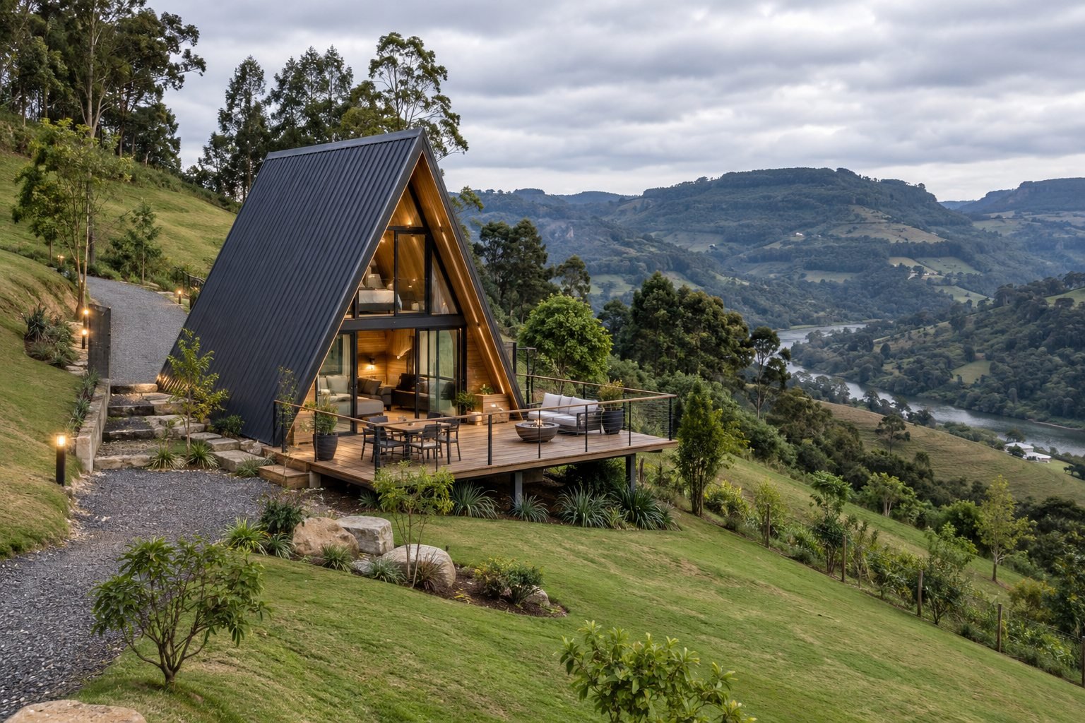 Imagem ilustrativa realista de chalé modular em terreno inclinado