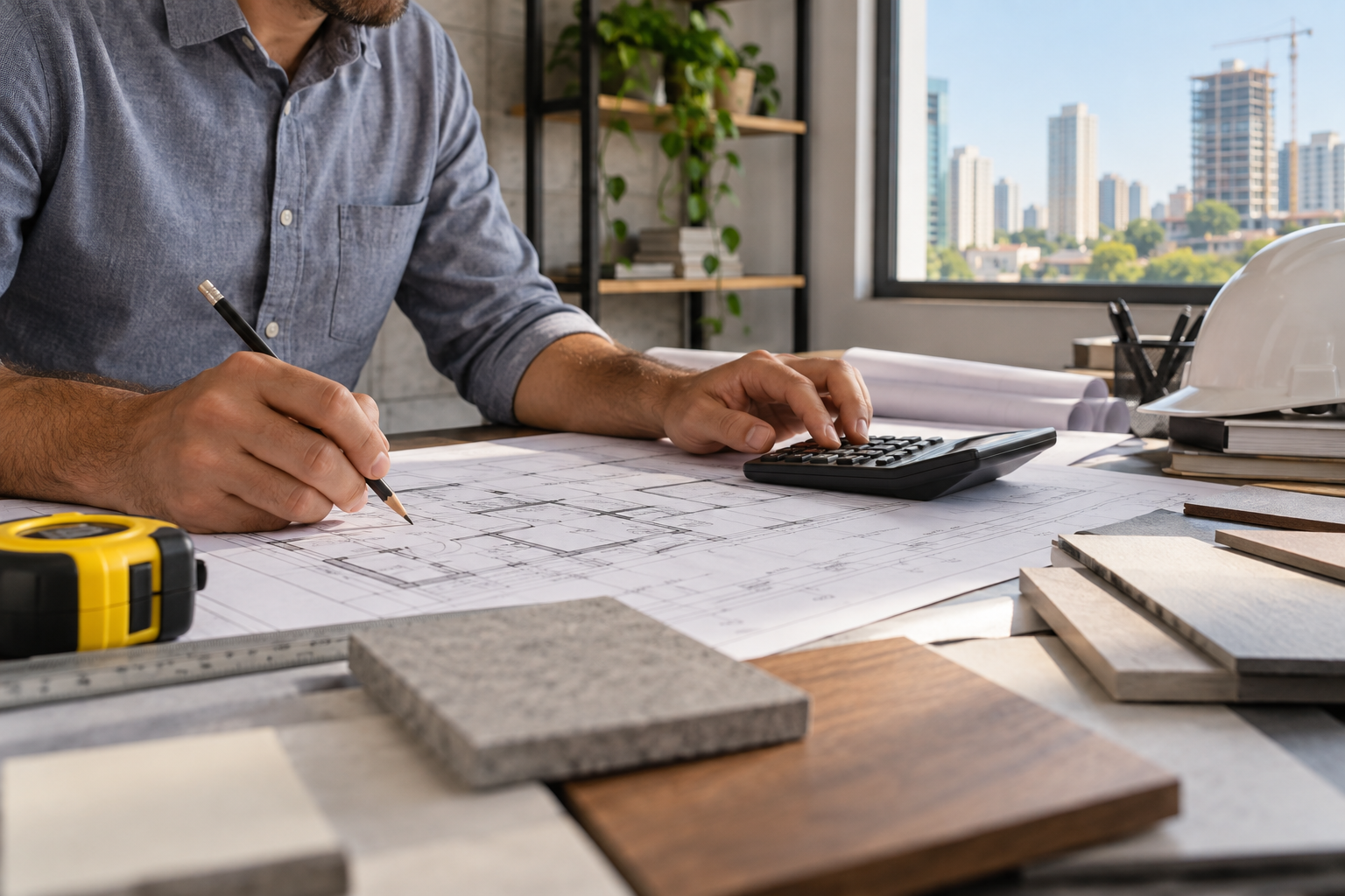 Mesa conceitual com planta, calculadora e materiais para orçamento de obra