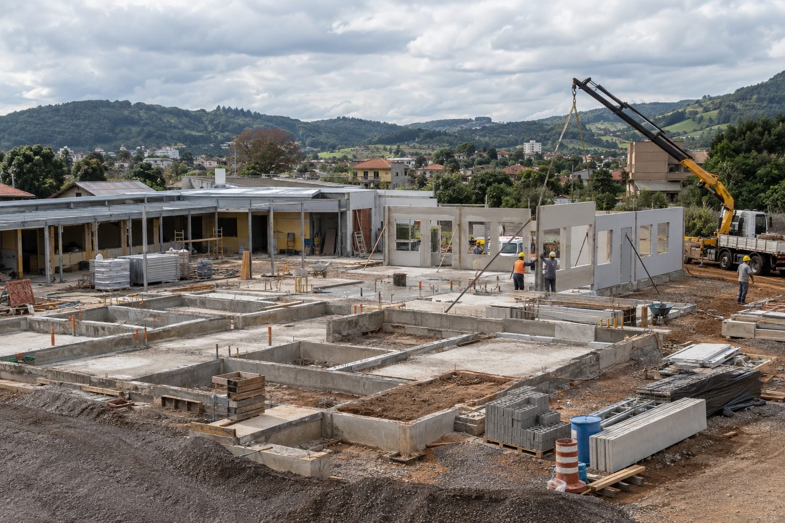 Imagem ilustrativa realista de escola em construção com componentes modulares